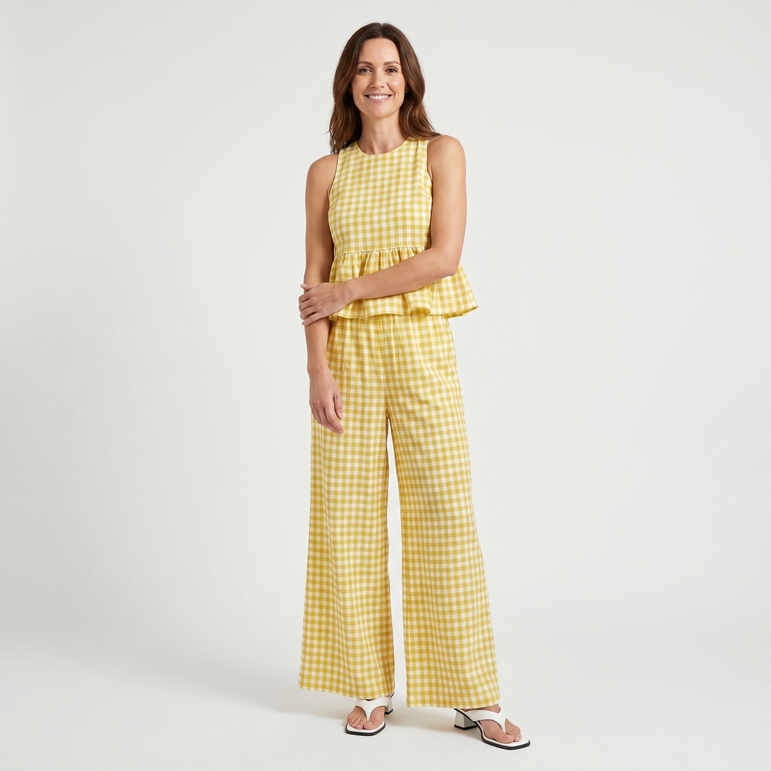 Ivy | Gingham Sleeveless Peplum Top and Wide-Leg Pants Set