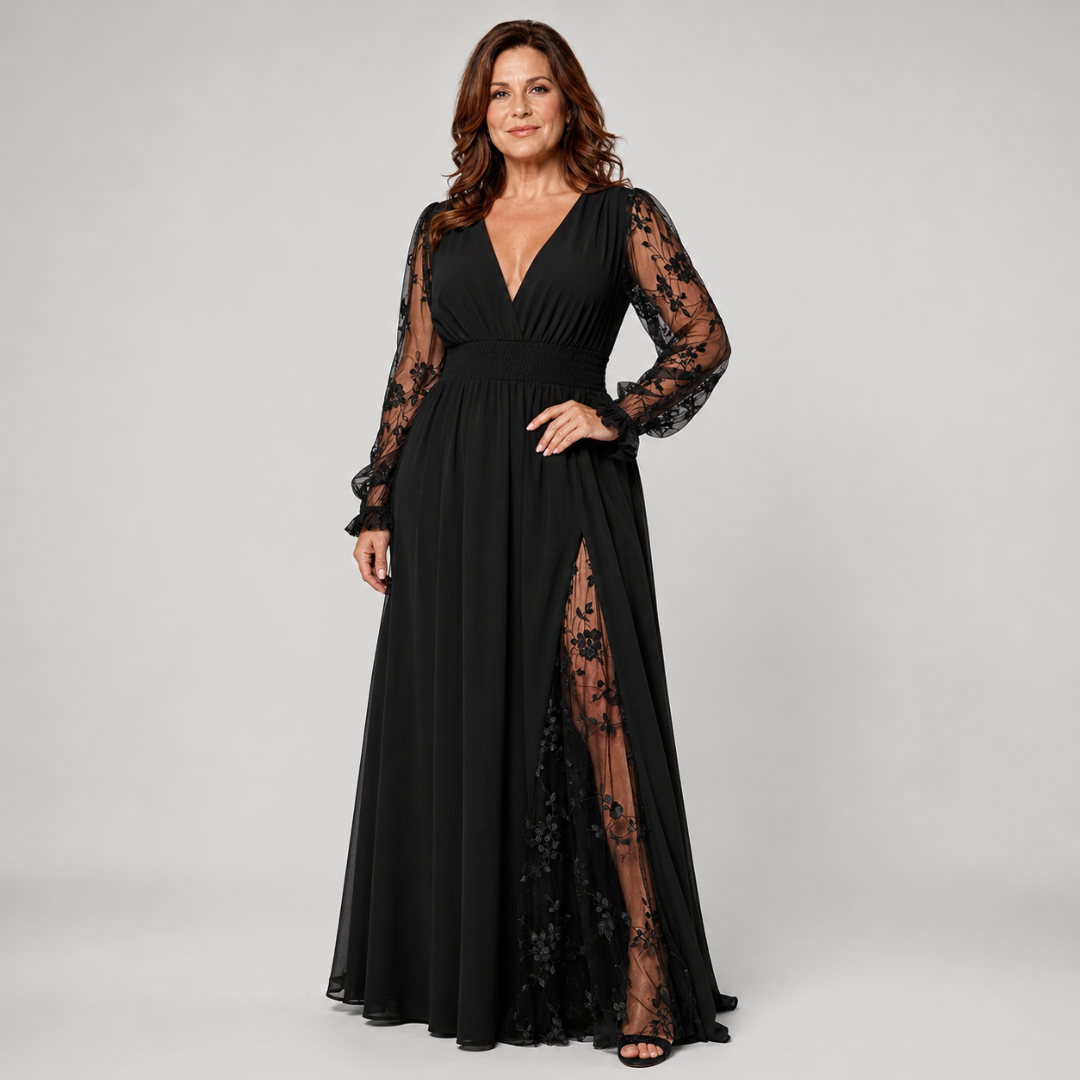 Elara | Lace-Sleeve Plus-Size Maxi Dress