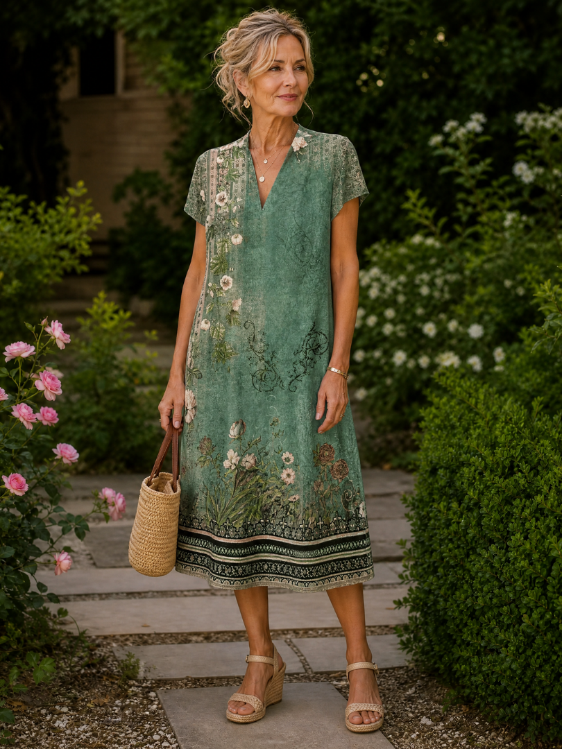 Earling | Floral Collared Short Sleeve Midi Dress