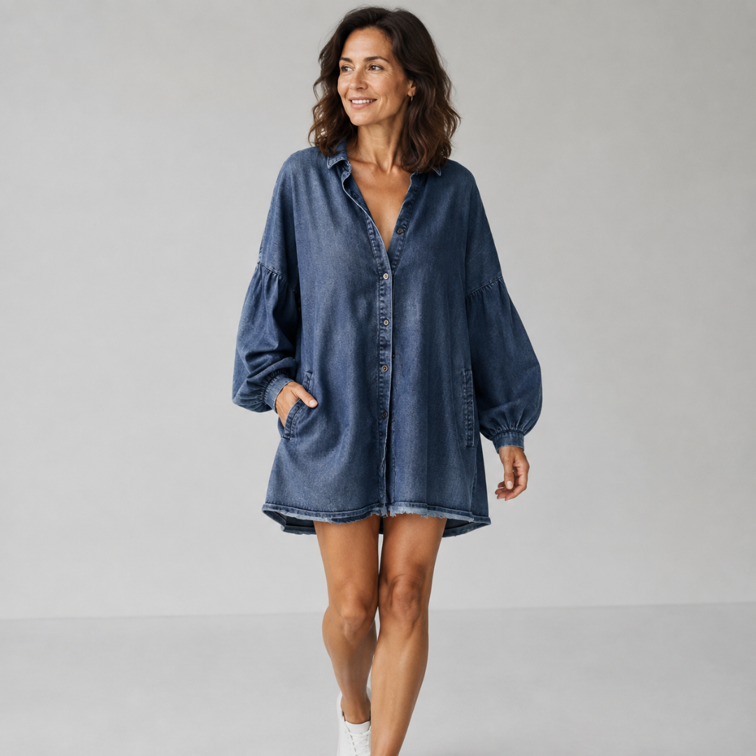 DELIA™ – Relaxed Fringe-Hem Denim Shirt