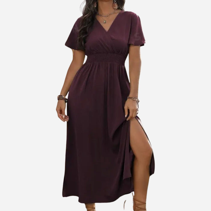 Natalia | V-Neck Bell Sleeve Long Dress – Waisted Slim Fit with Slit