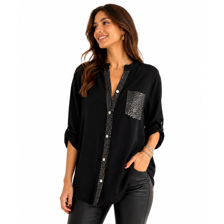 Grace | Sequin Pocket Button Shirt - Elegant Commuter Style