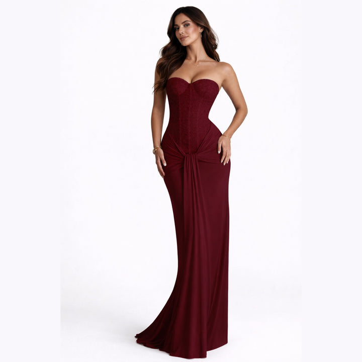 Arabella | Strapless Ribbon Waist Evening Dress – Elegant Long Gown