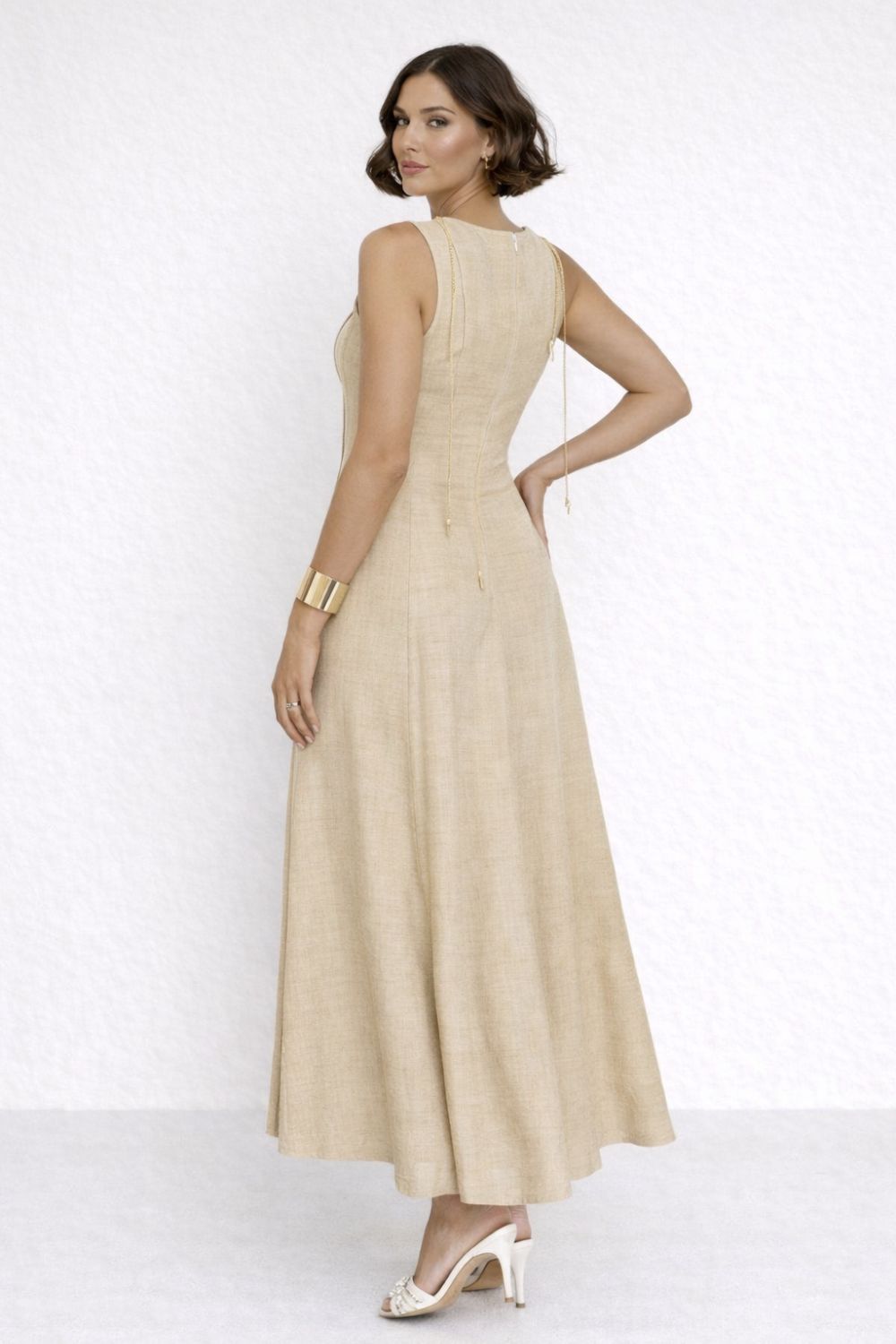 Vera | Linen-Look Long Dress – Pleated Waist A-Line with Slit
