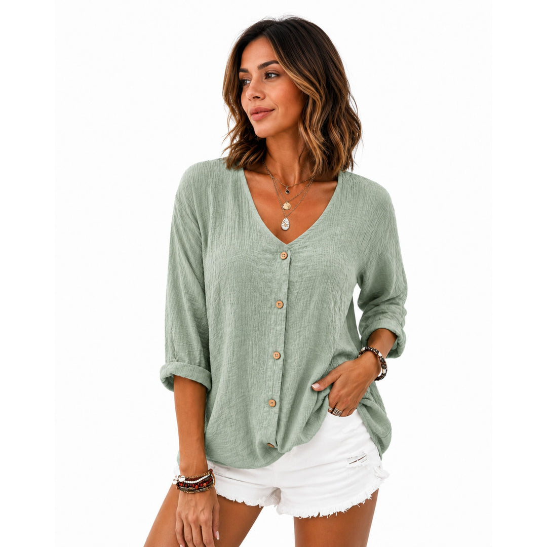 Nora | Lightweight Linen V-Neck Blouse - Breathable Elegant Style