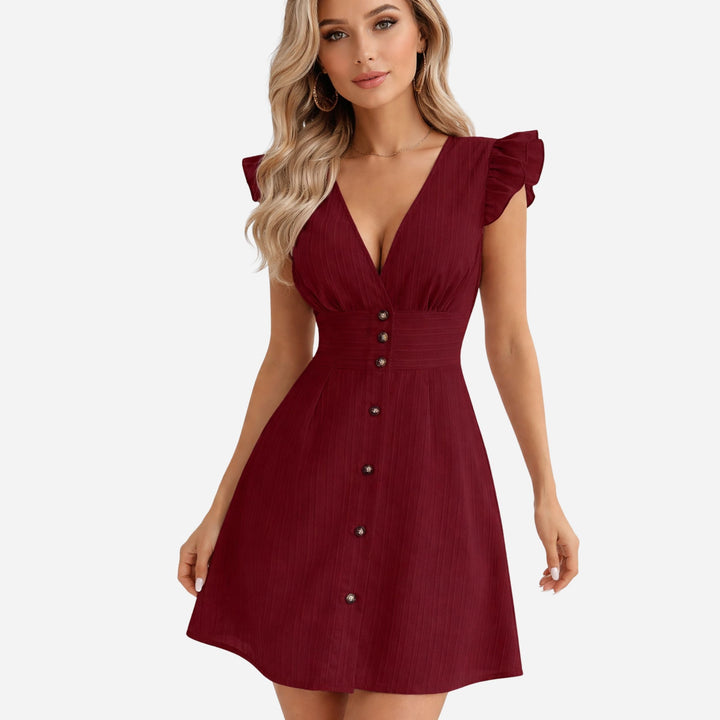 Emilia | Deep V-Neck Ruffle Hem Dress – Elegant Flowing Style