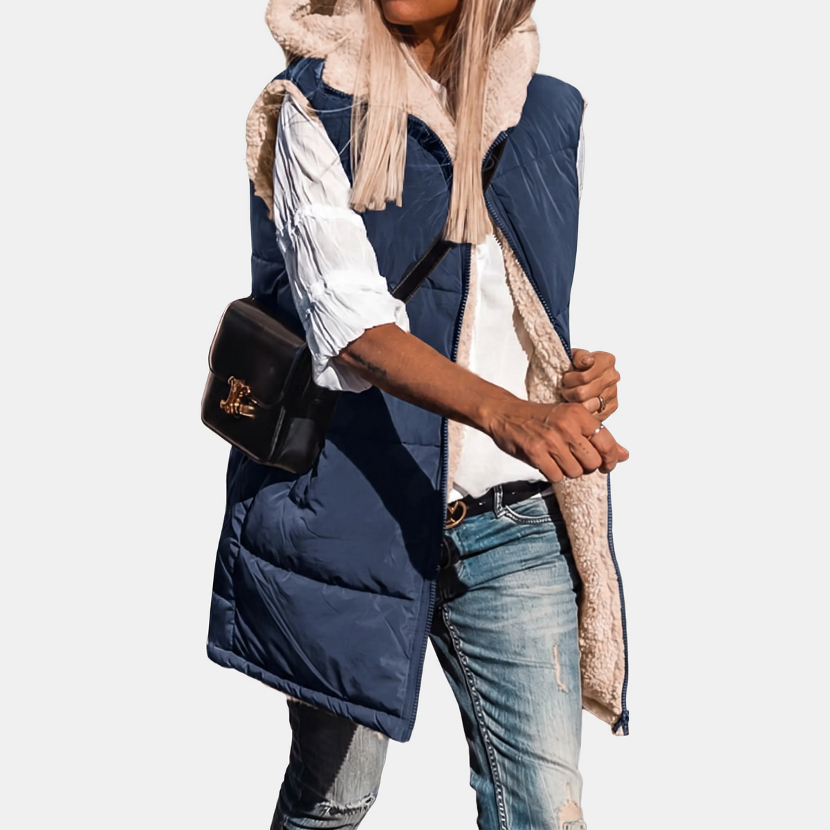 Aliana | Reversible Sherpa Fleece Sleeveless Hooded Zip Up Vest