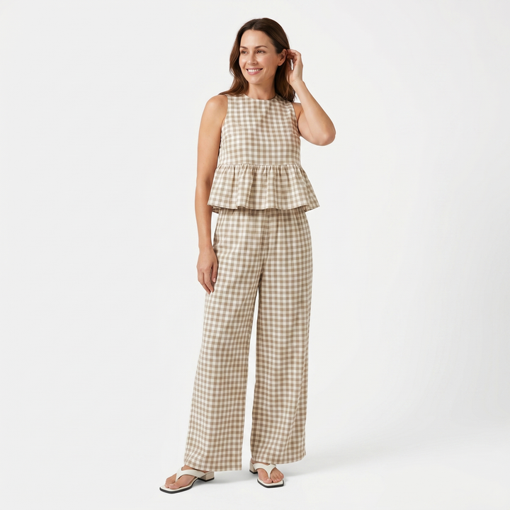 Ivy | Gingham Sleeveless Peplum Top and Wide-Leg Pants Set