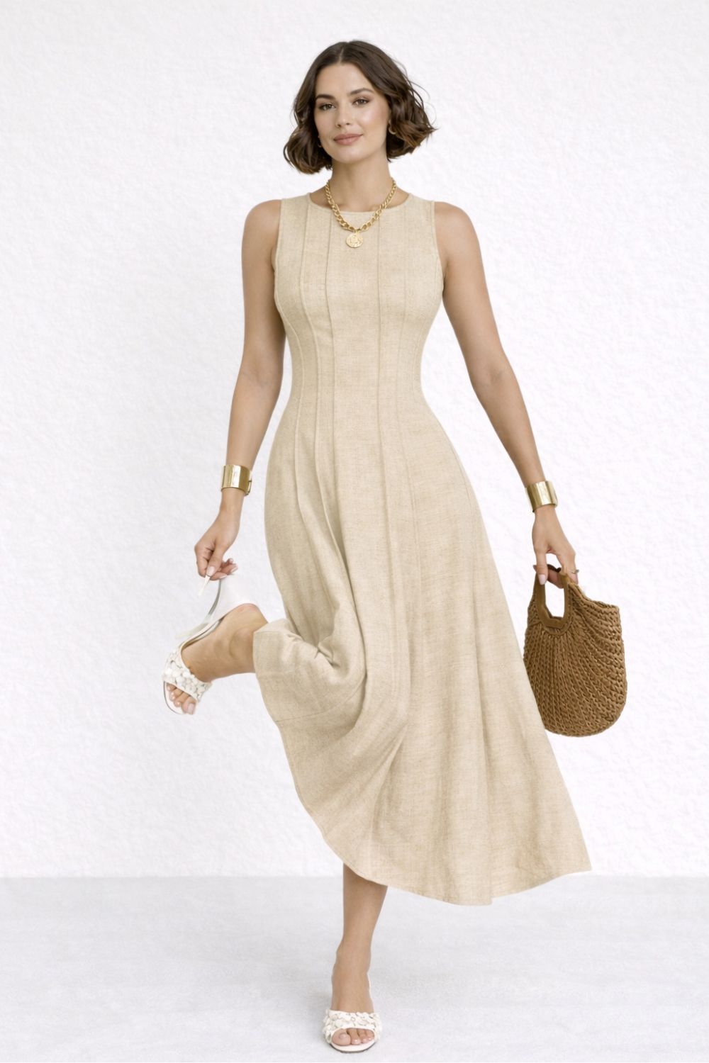 Vera | Linen-Look Long Dress – Pleated Waist A-Line with Slit