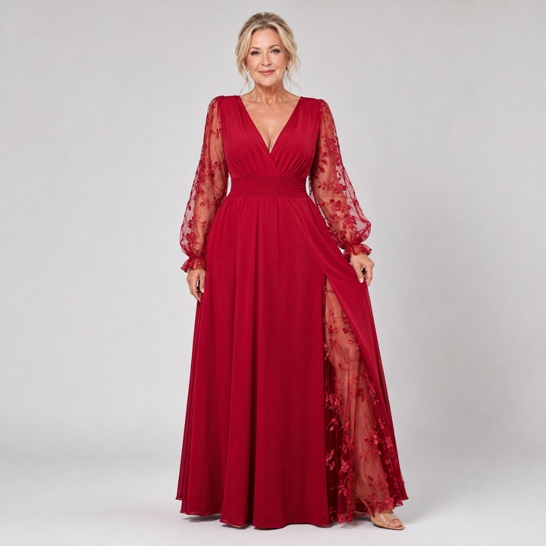 Elara | Lace-Sleeve Plus-Size Maxi Dress