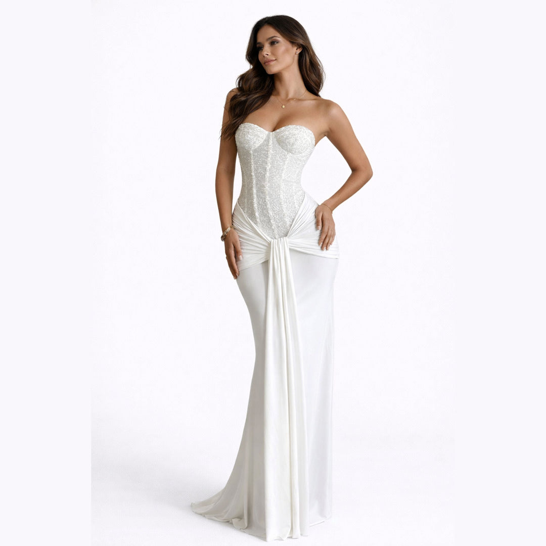 Arabella | Strapless Ribbon Waist Evening Dress – Elegant Long Gown