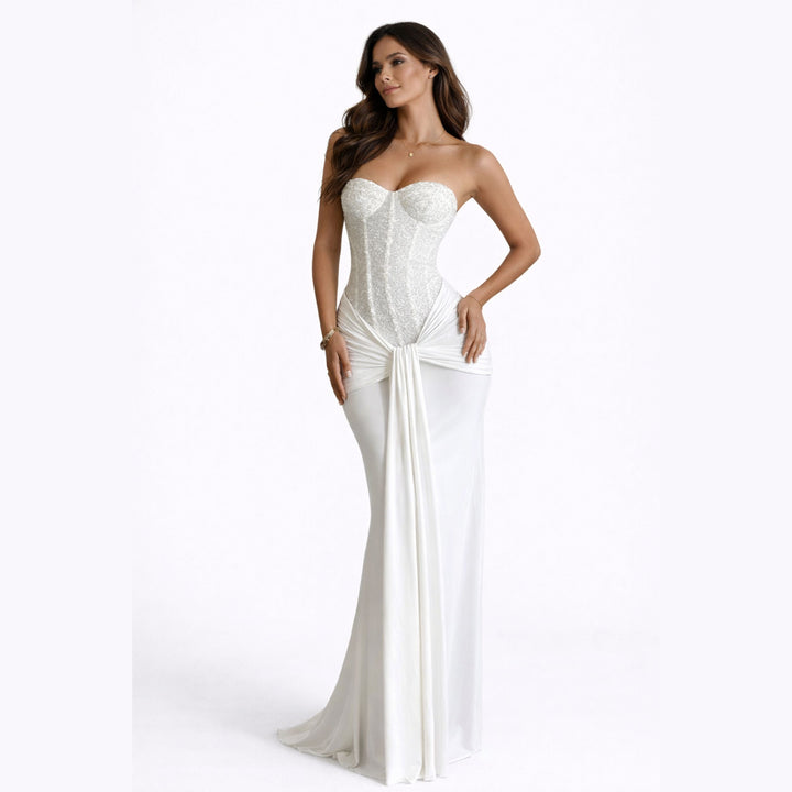 Arabella | Strapless Ribbon Waist Evening Dress – Elegant Long Gown