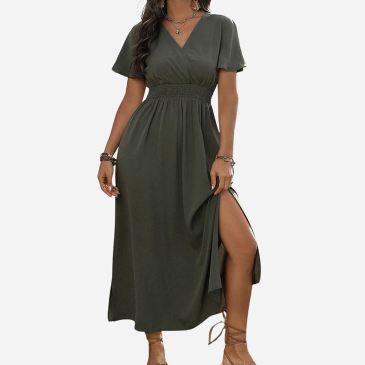 Natalia | V-Neck Bell Sleeve Long Dress – Waisted Slim Fit with Slit