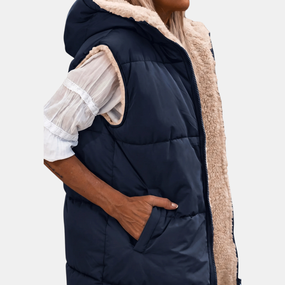 Aliana | Reversible Sherpa Fleece Sleeveless Hooded Zip Up Vest