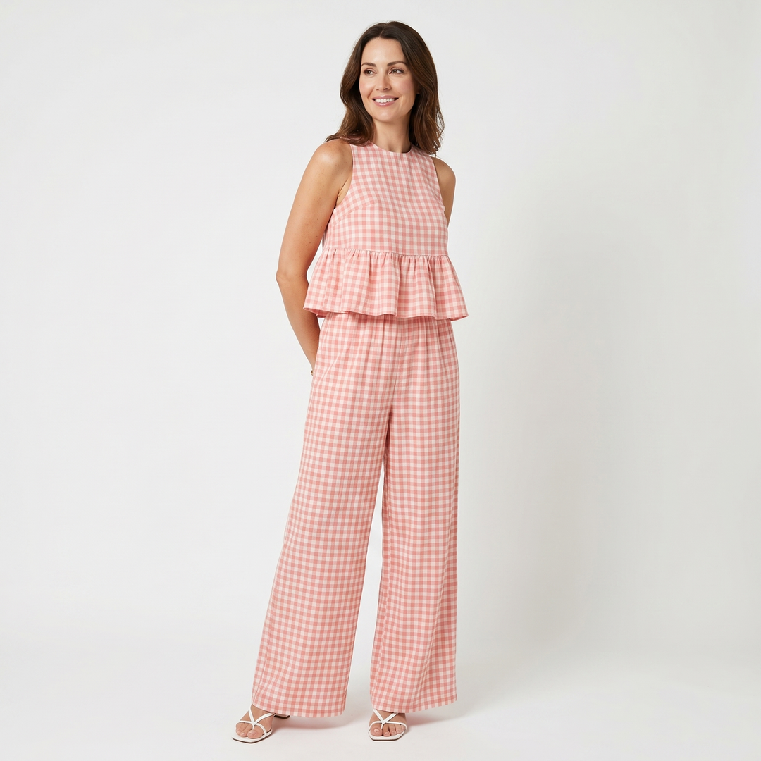 Ivy | Gingham Sleeveless Peplum Top and Wide-Leg Pants Set