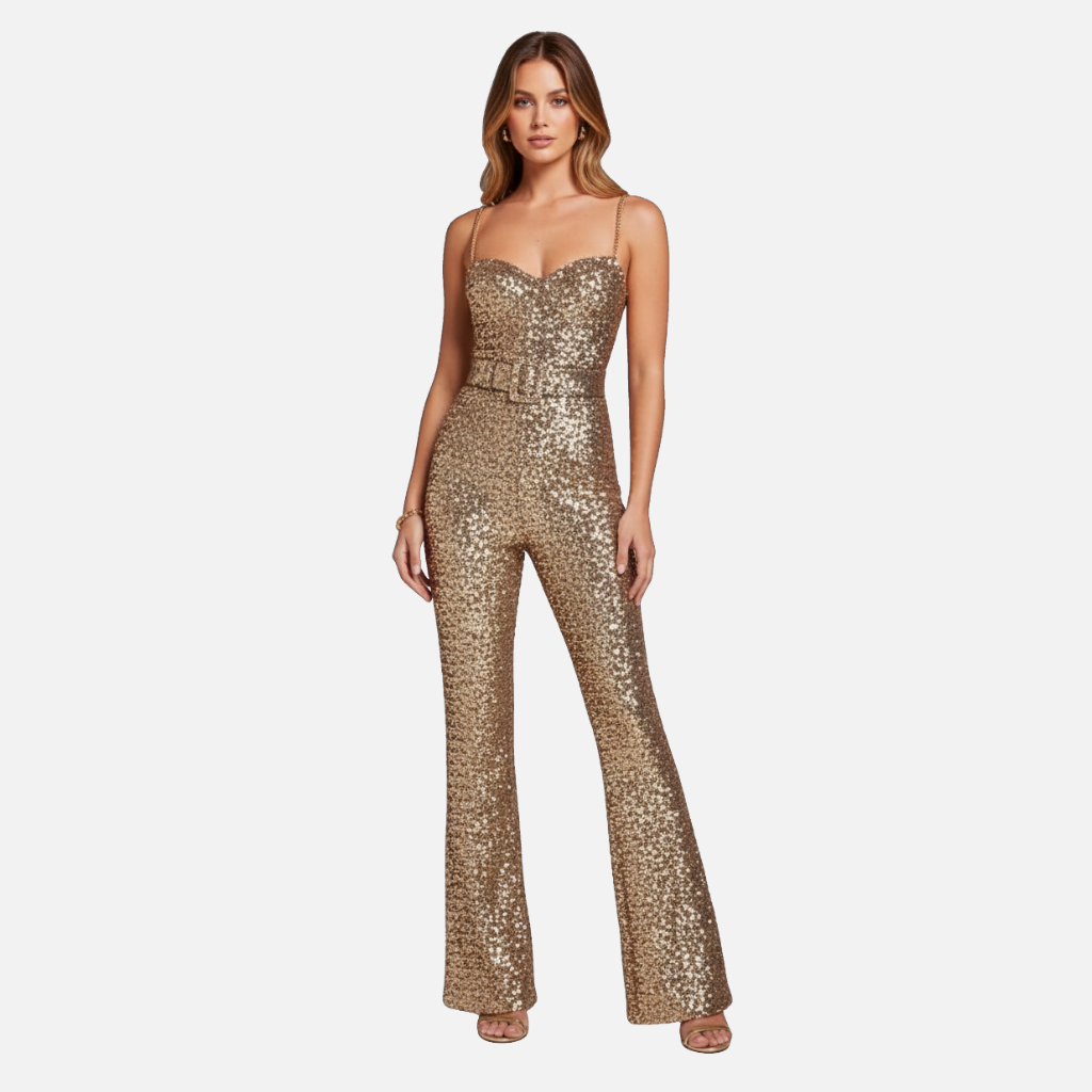 Elena | Sequin Jumpsuit with Flared Legs and Waist Belt
