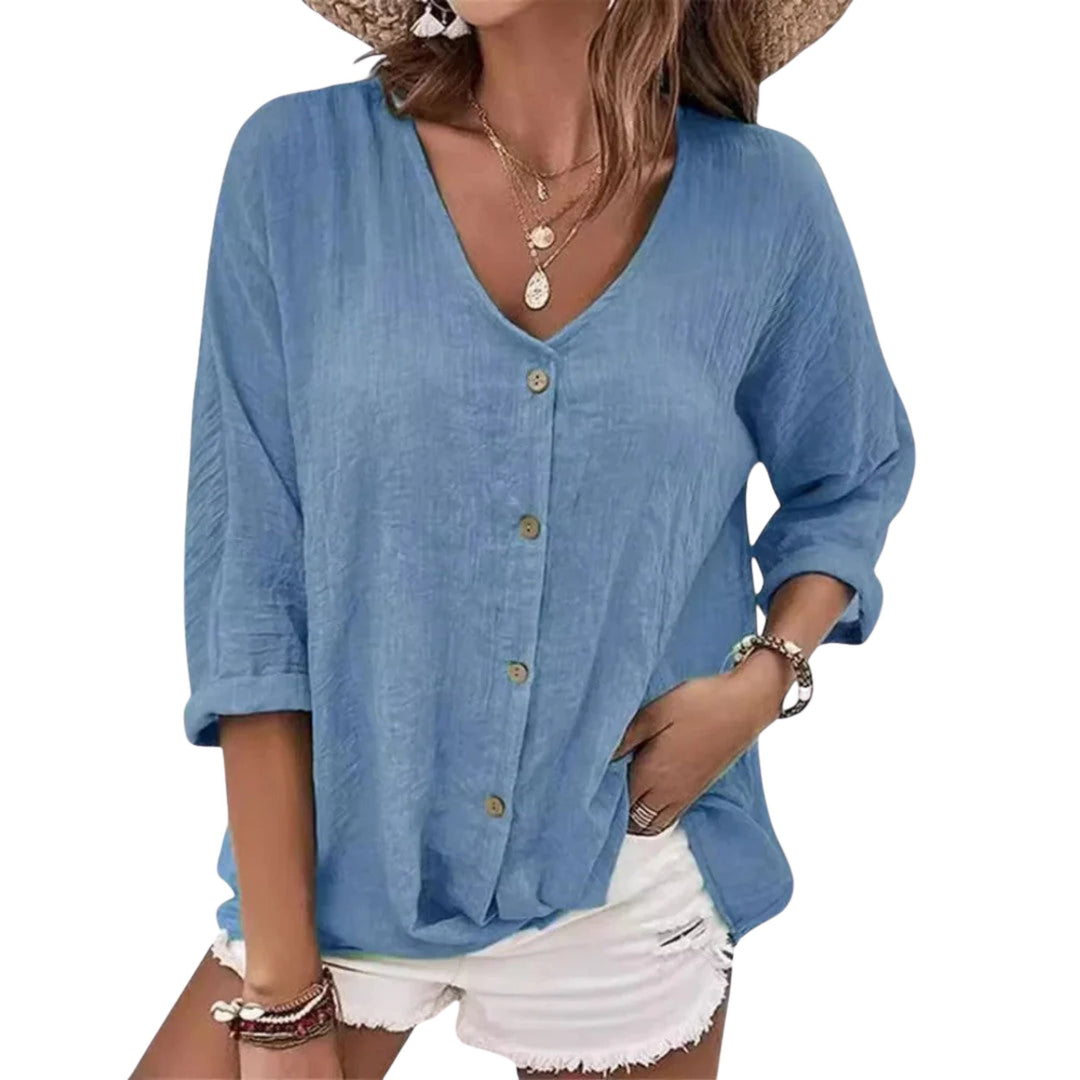 Nora | Lightweight Linen V-Neck Blouse - Breathable Elegant Style