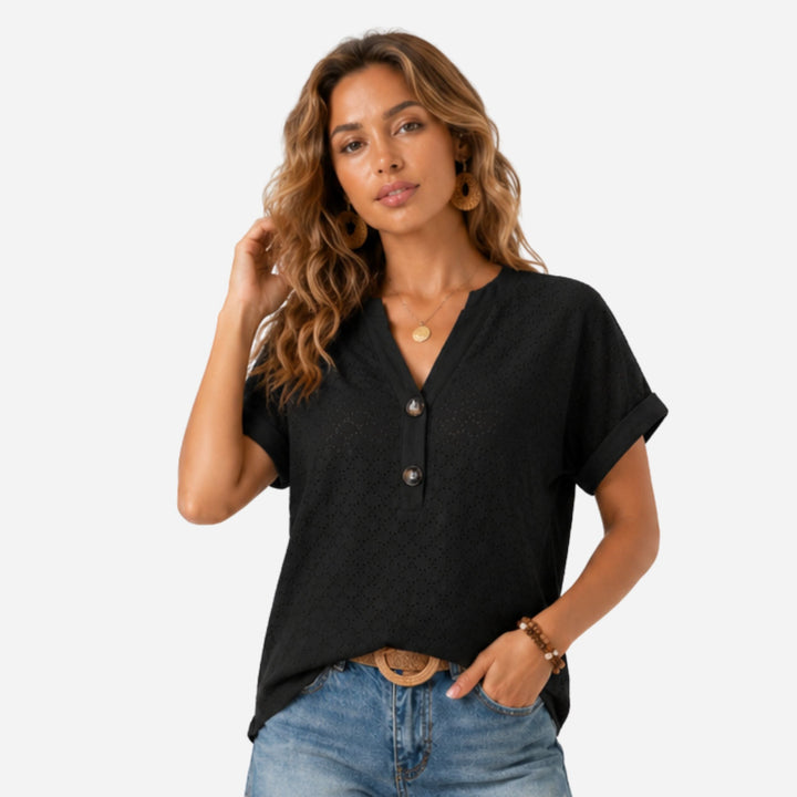 Thea | Button Detail V-Neck T-Shirt – Casual Everyday Style