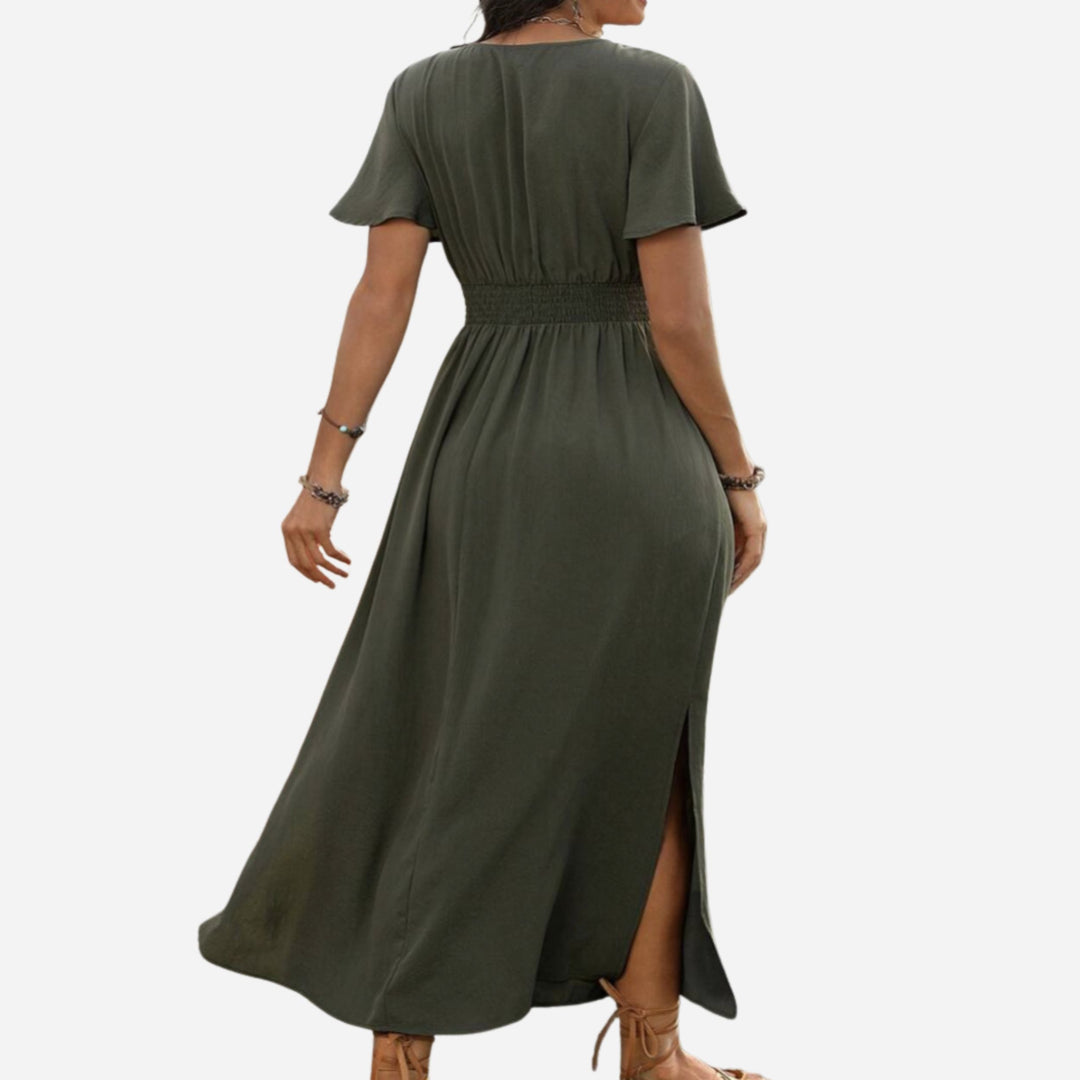 Natalia | V-Neck Bell Sleeve Long Dress – Waisted Slim Fit with Slit