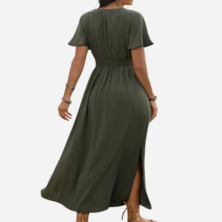 Natalia | V-Neck Bell Sleeve Long Dress – Waisted Slim Fit with Slit