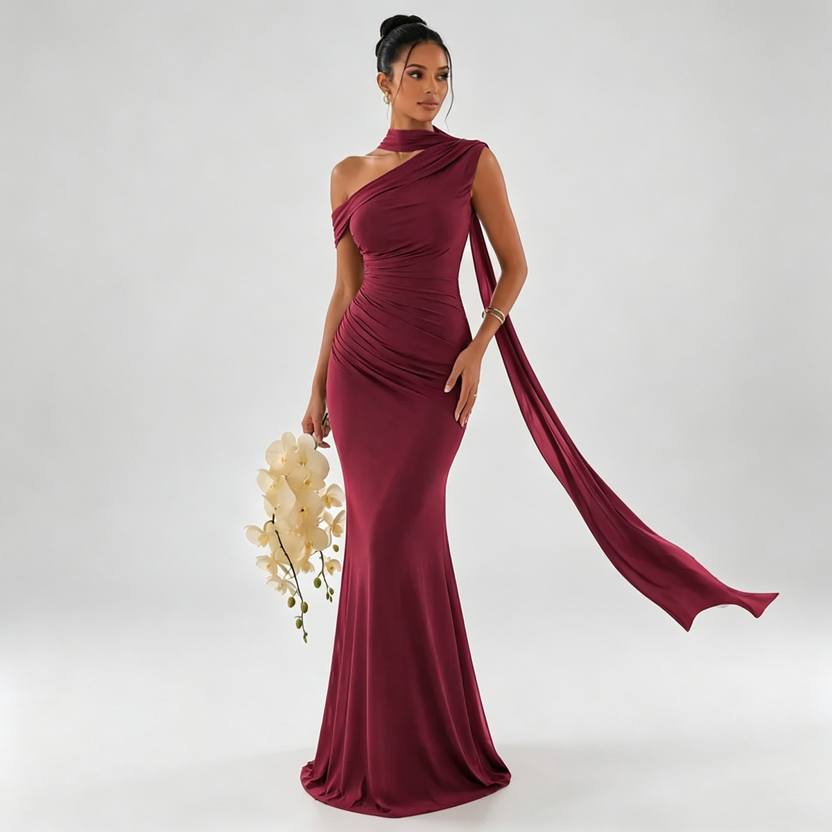 Elara | Riviera Scarf One-Shoulder Gown