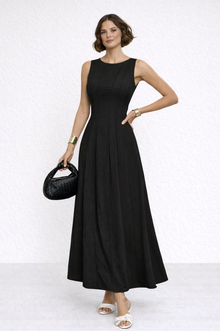 Vera | Linen-Look Long Dress – Pleated Waist A-Line with Slit