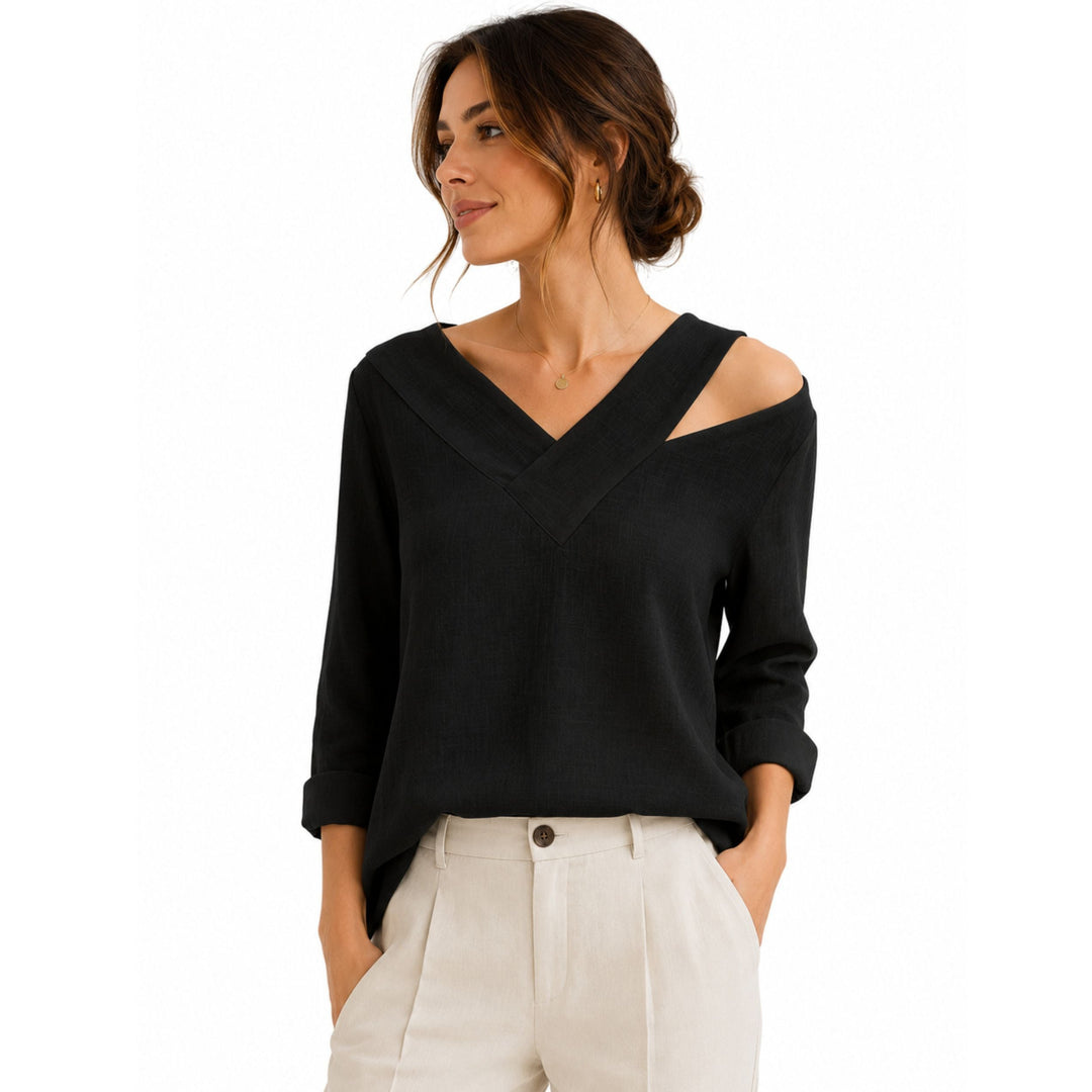 Olivia | Off-Shoulder V-Neck Long Sleeve Top - Elegant Refined Style