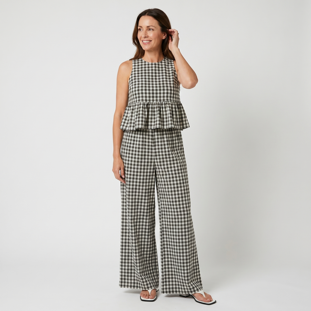 Ivy | Gingham Sleeveless Peplum Top and Wide-Leg Pants Set
