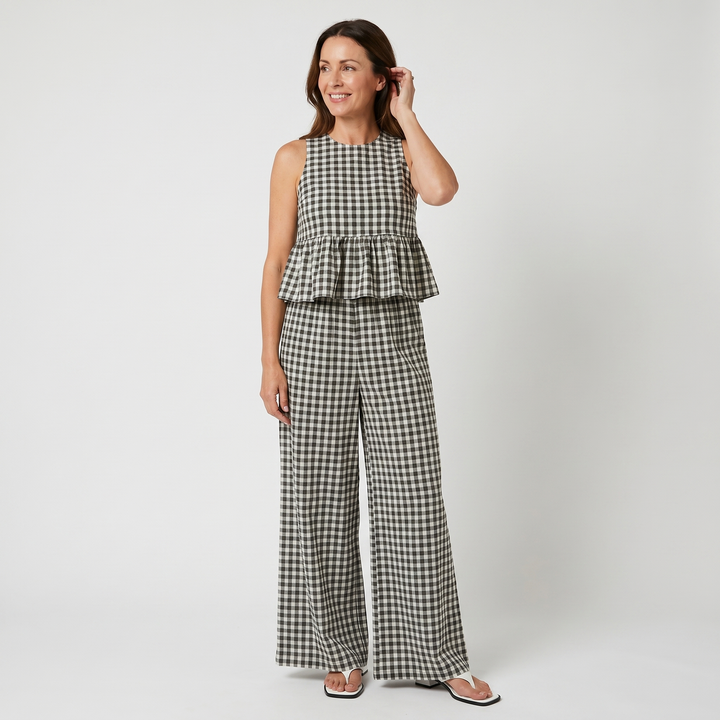 Ivy | Gingham Sleeveless Peplum Top and Wide-Leg Pants Set
