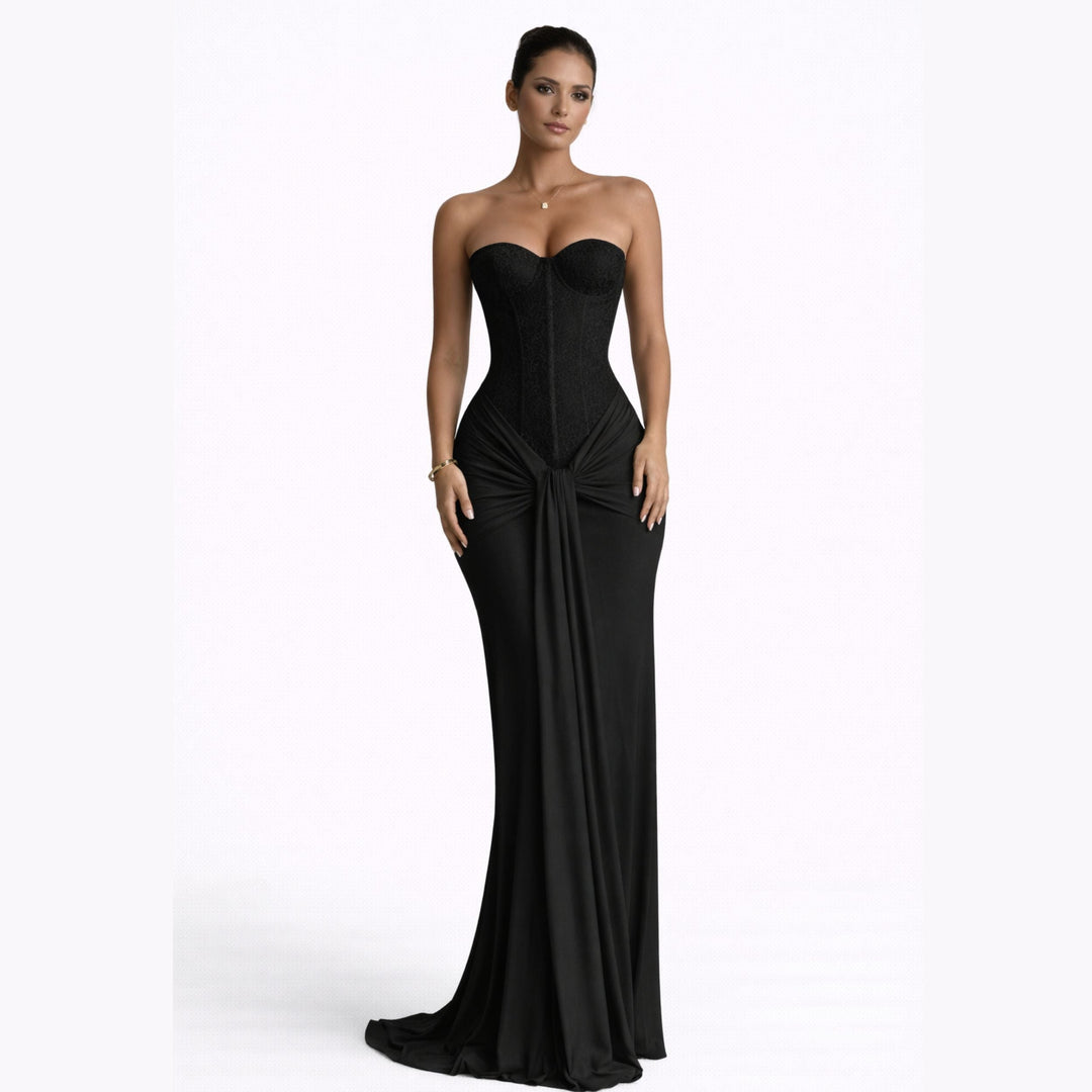 Arabella | Strapless Ribbon Waist Evening Dress – Elegant Long Gown