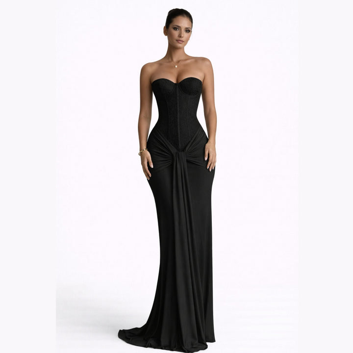 Arabella | Strapless Ribbon Waist Evening Dress – Elegant Long Gown
