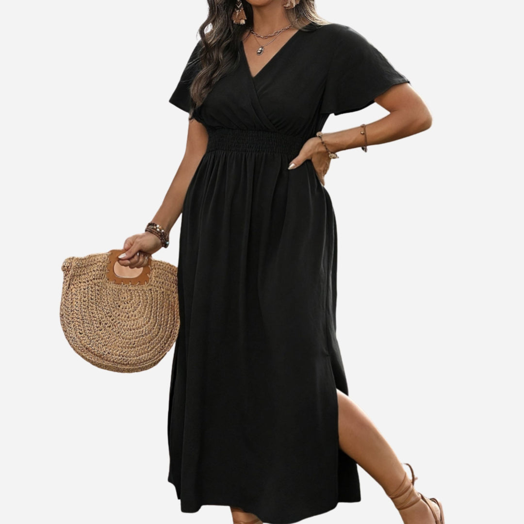 Natalia | V-Neck Bell Sleeve Long Dress – Waisted Slim Fit with Slit