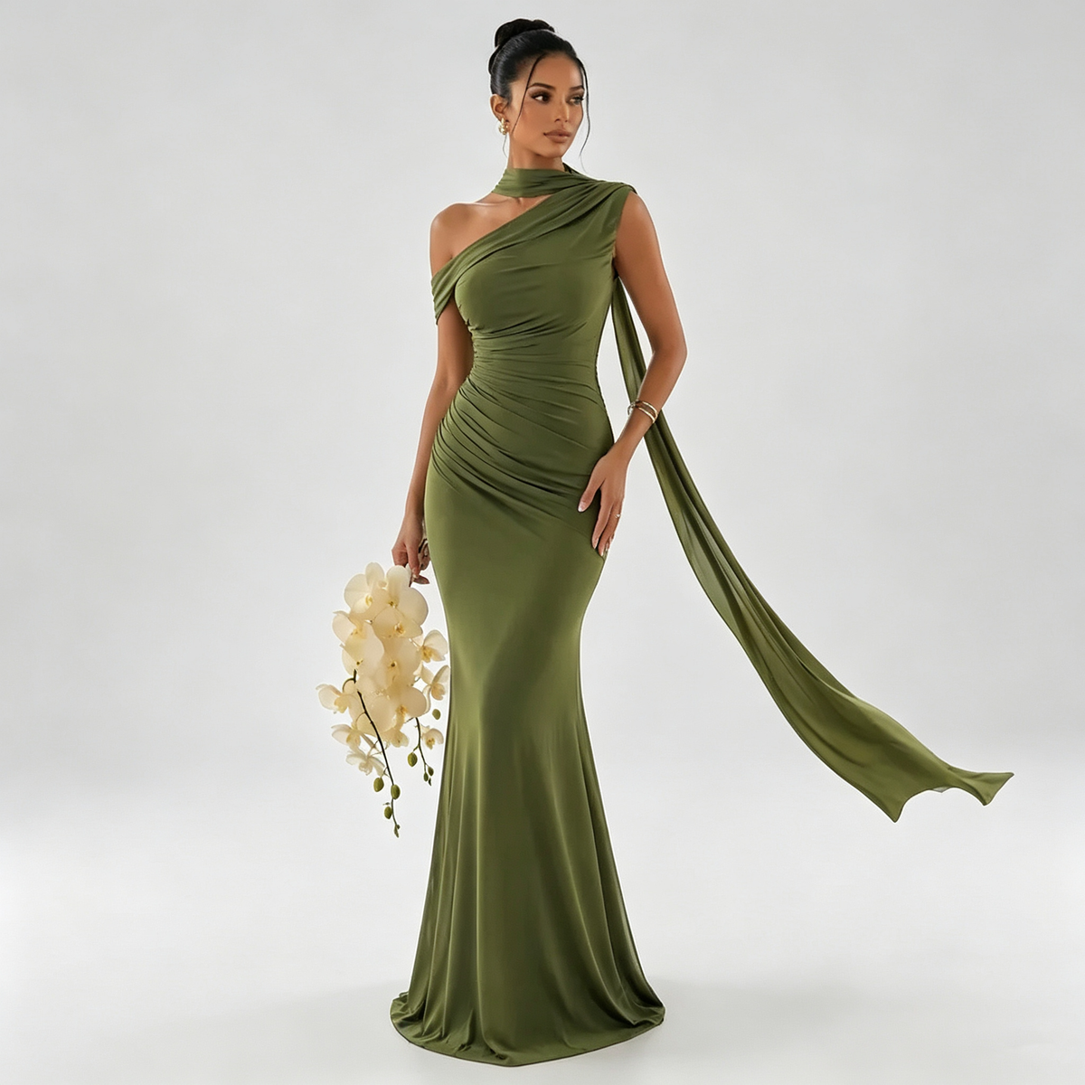 Elara | Riviera Scarf One-Shoulder Gown