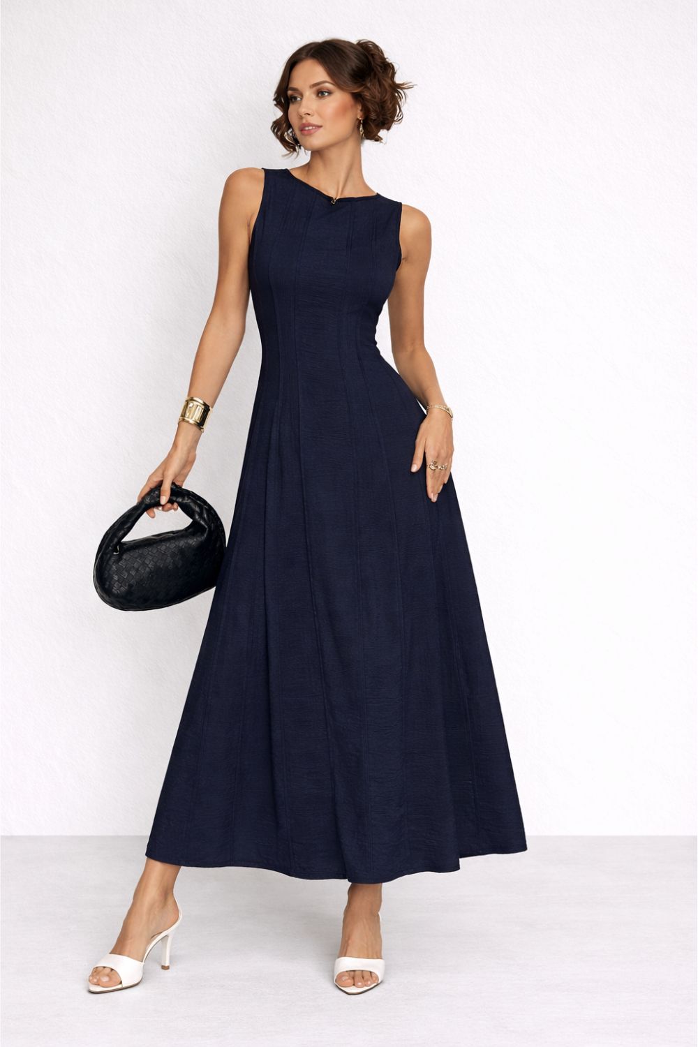 Vera | Linen-Look Long Dress – Pleated Waist A-Line with Slit