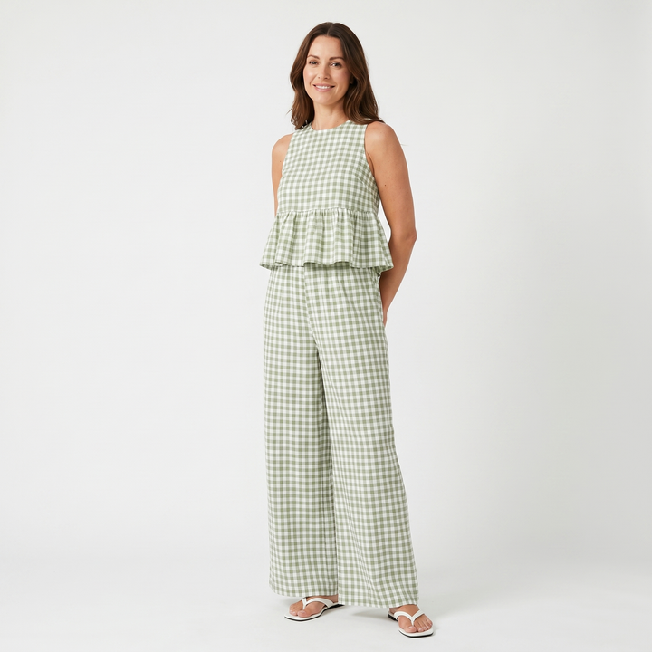 Ivy | Gingham Sleeveless Peplum Top and Wide-Leg Pants Set