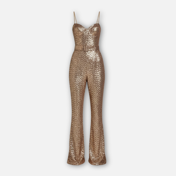 Elena | Sequin Jumpsuit with Flared Legs and Waist Belt