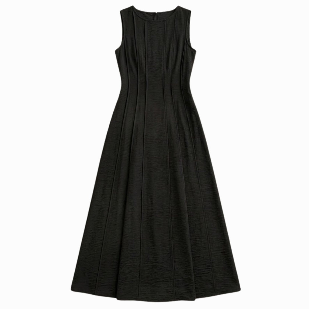 Vera | Linen-Look Long Dress – Pleated Waist A-Line with Slit