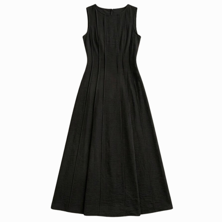 Vera | Linen-Look Long Dress – Pleated Waist A-Line with Slit