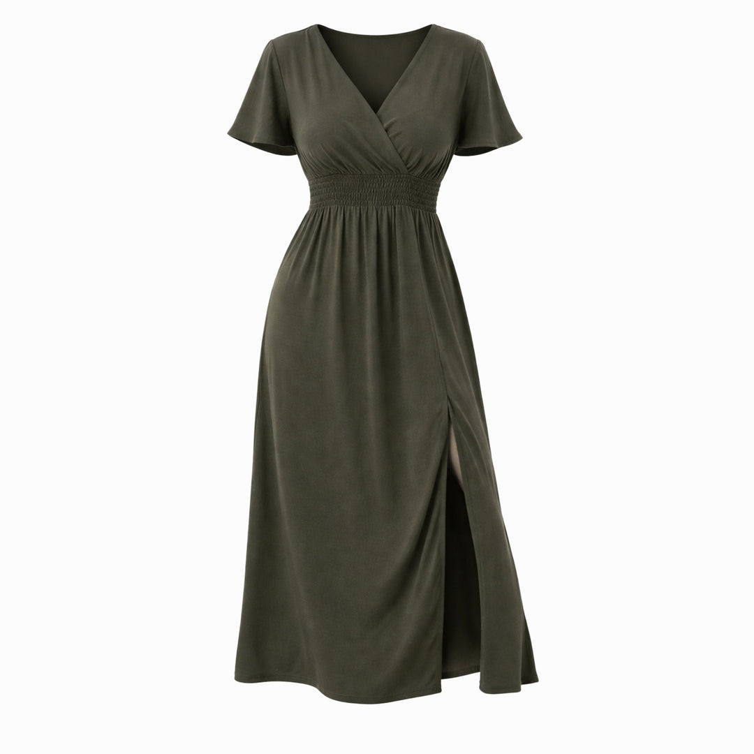 Natalia | V-Neck Bell Sleeve Long Dress – Waisted Slim Fit with Slit