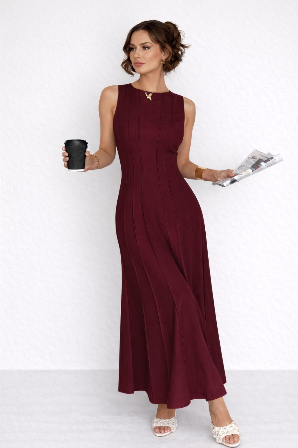 Vera | Linen-Look Long Dress – Pleated Waist A-Line with Slit