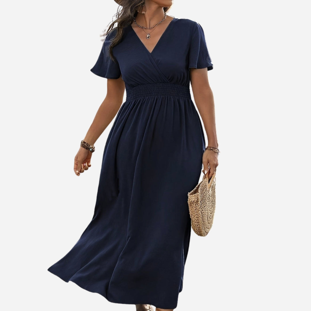 Natalia | V-Neck Bell Sleeve Long Dress – Waisted Slim Fit with Slit