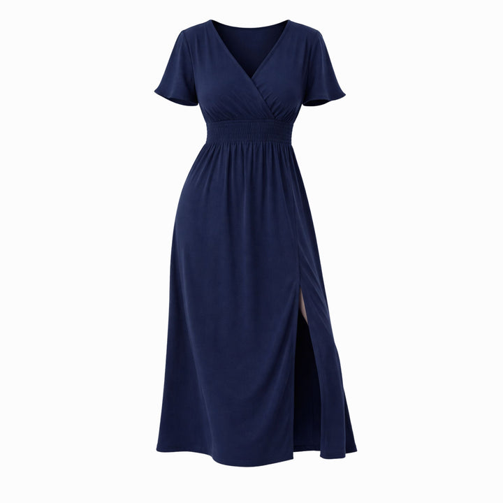 Natalia | V-Neck Bell Sleeve Long Dress – Waisted Slim Fit with Slit