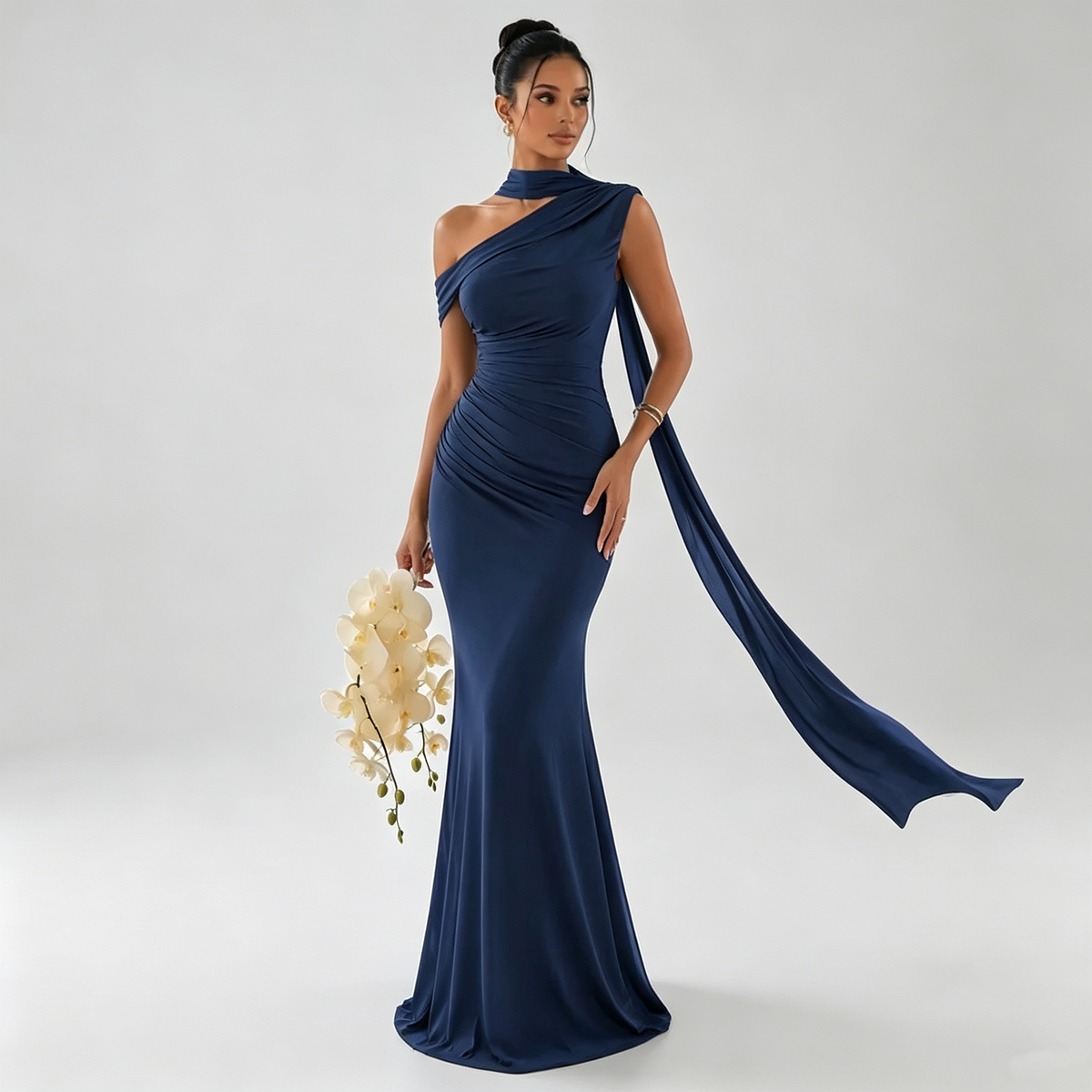 Elara | Riviera Scarf One-Shoulder Gown