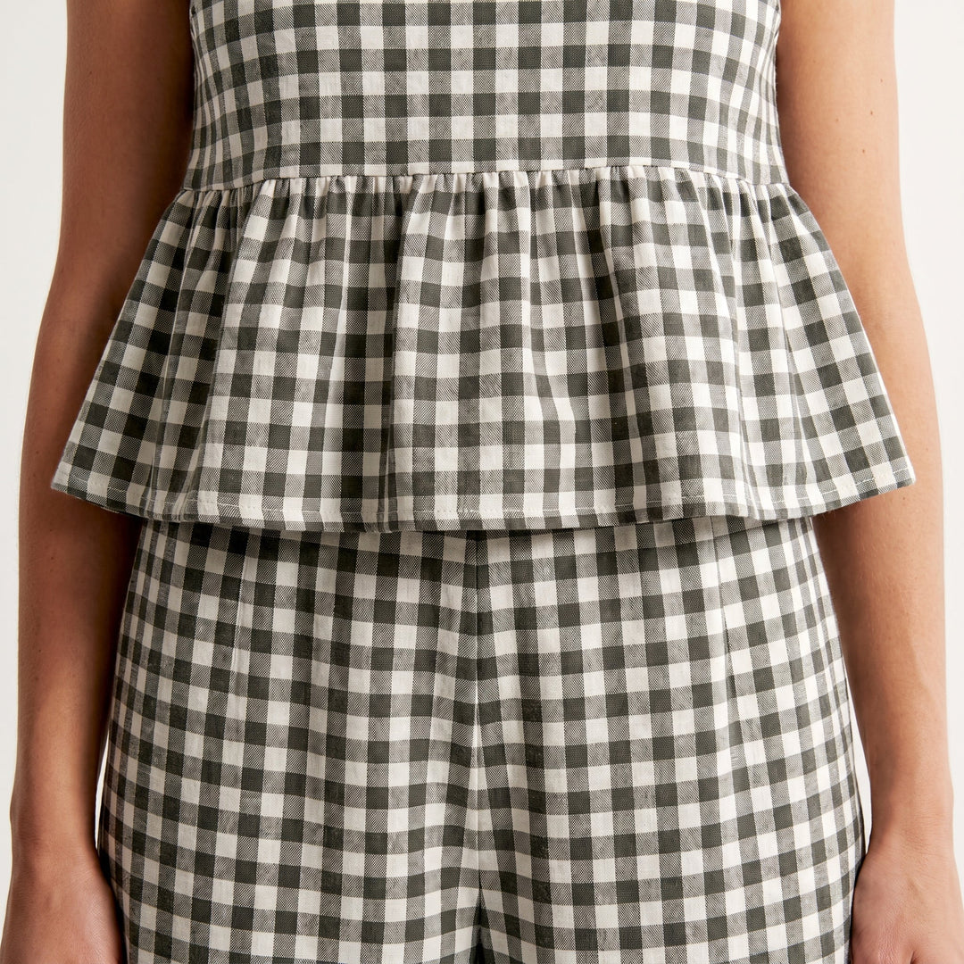 Ivy | Gingham Sleeveless Peplum Top and Wide-Leg Pants Set