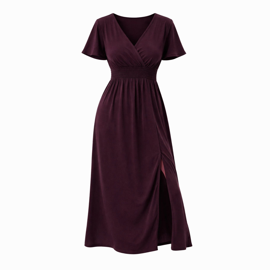 Natalia | V-Neck Bell Sleeve Long Dress – Waisted Slim Fit with Slit