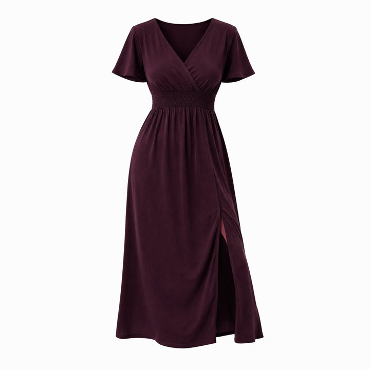 Natalia | V-Neck Bell Sleeve Long Dress – Waisted Slim Fit with Slit