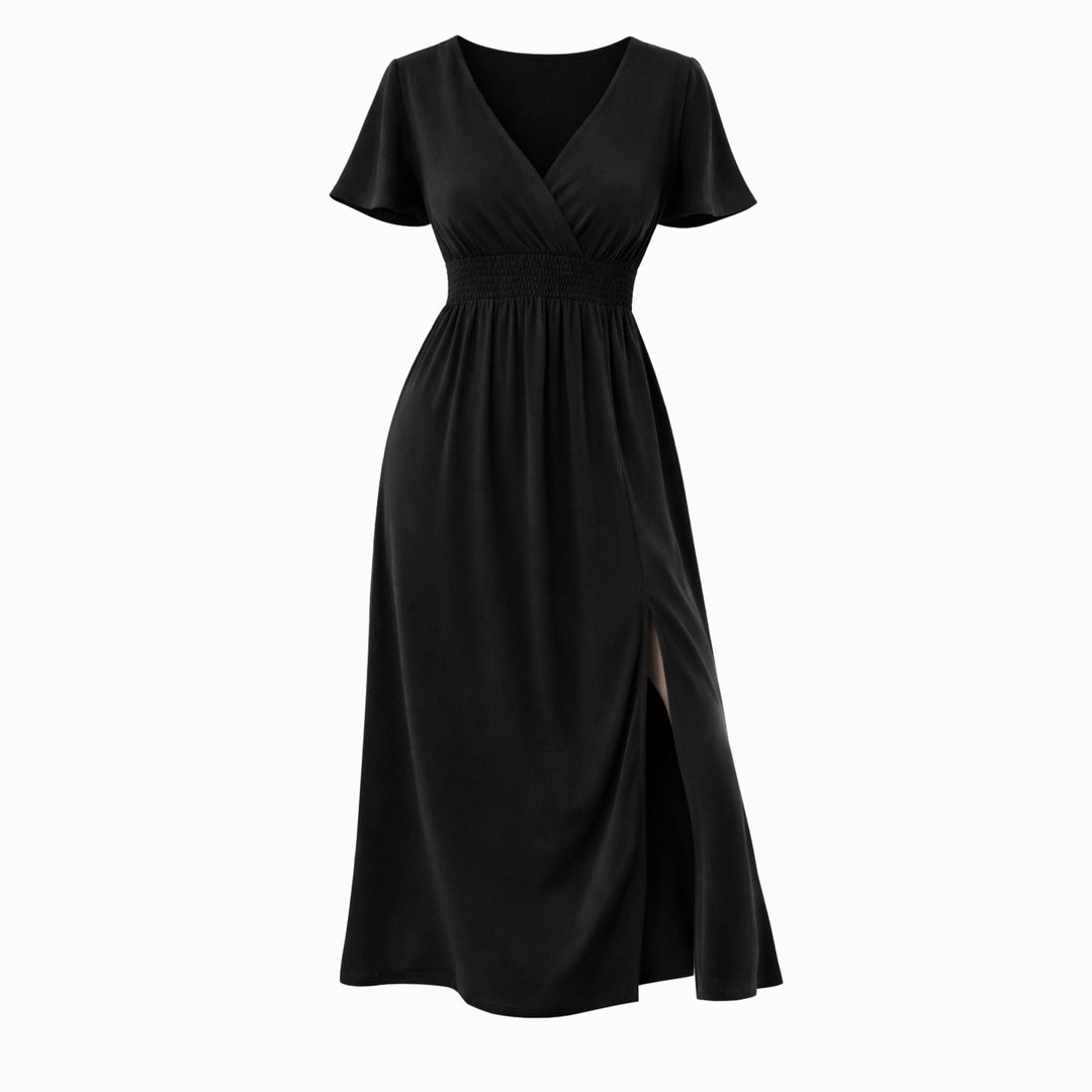 Natalia | V-Neck Bell Sleeve Long Dress – Waisted Slim Fit with Slit
