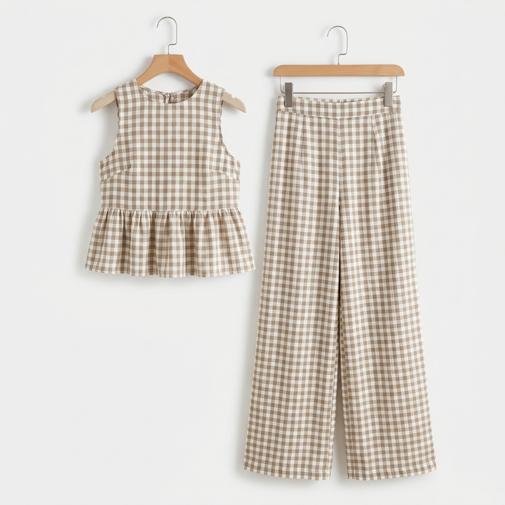 Ivy | Gingham Sleeveless Peplum Top and Wide-Leg Pants Set
