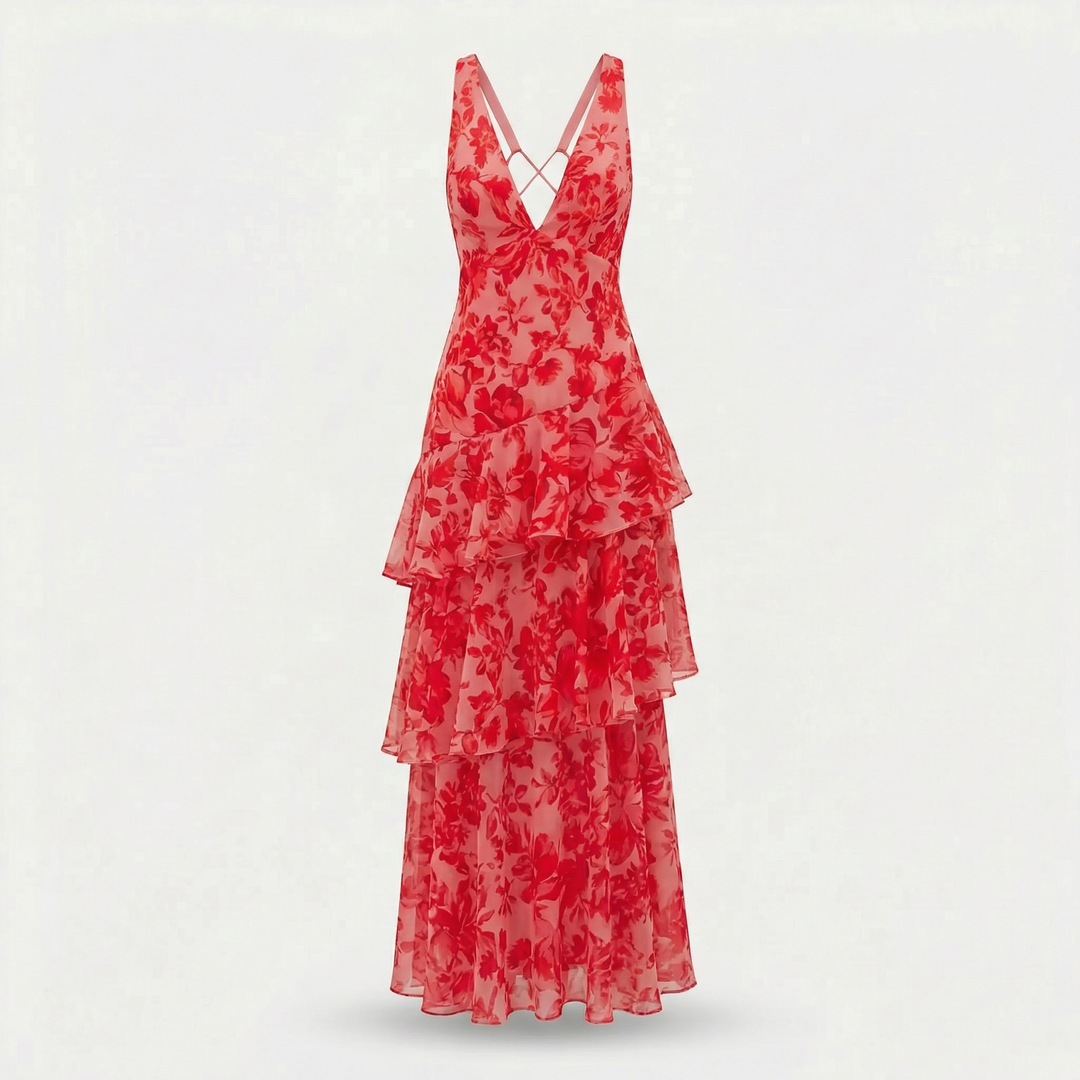 Elena | Airy Chiffon Long Dress with Flower Pattern