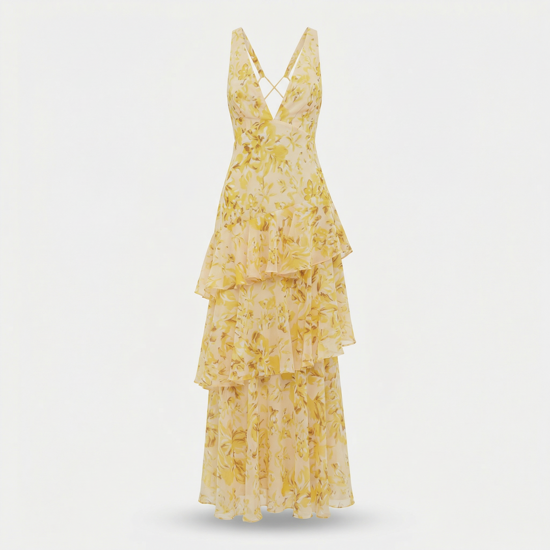 Elena | Airy Chiffon Long Dress with Flower Pattern